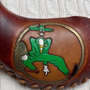 Hand-tooled Brown Leather Bota bag w Green Spirit Embellishment signed MH ‘87
